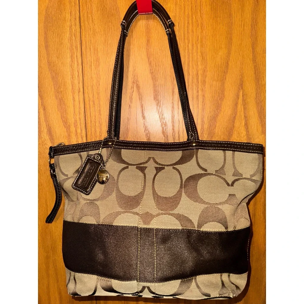 Coach Signature Jacquard Tote‎ Bag Khaki Brown Leather Trim Large Shoulder Bag